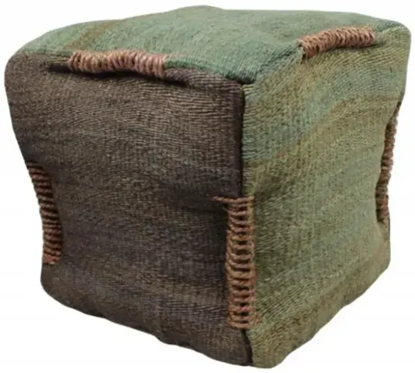 Hivvago 18 Inch Green and Brown Jute Cube Pouf Ottoman