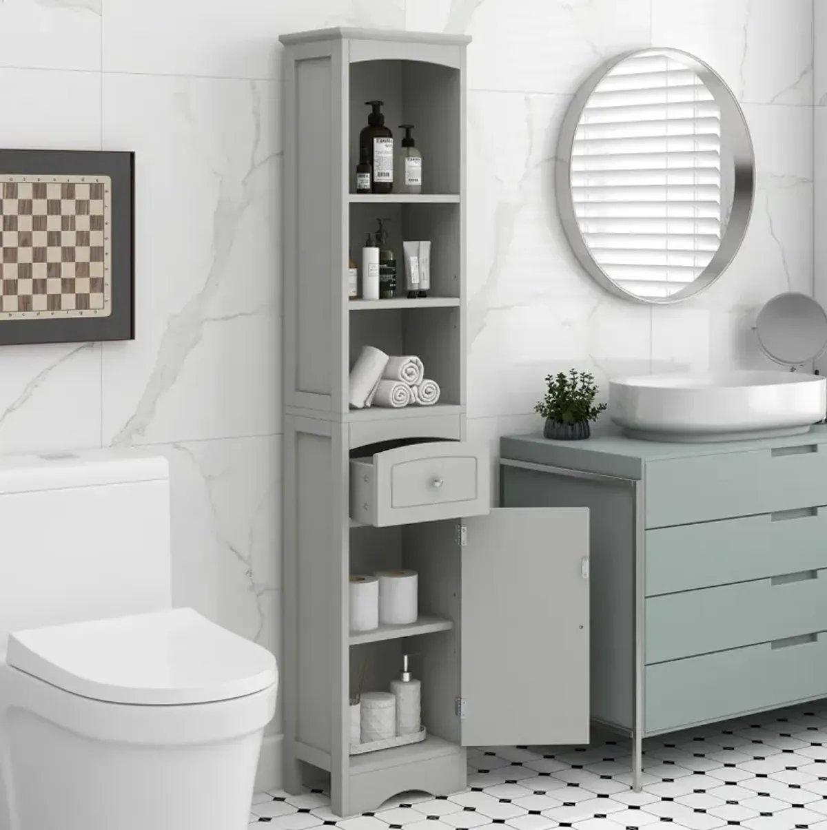 Tall Bathroom Cabinet, Freestanding Storage Cabinet With Drawer, MDF Board, Adjustable Shelf, Grey