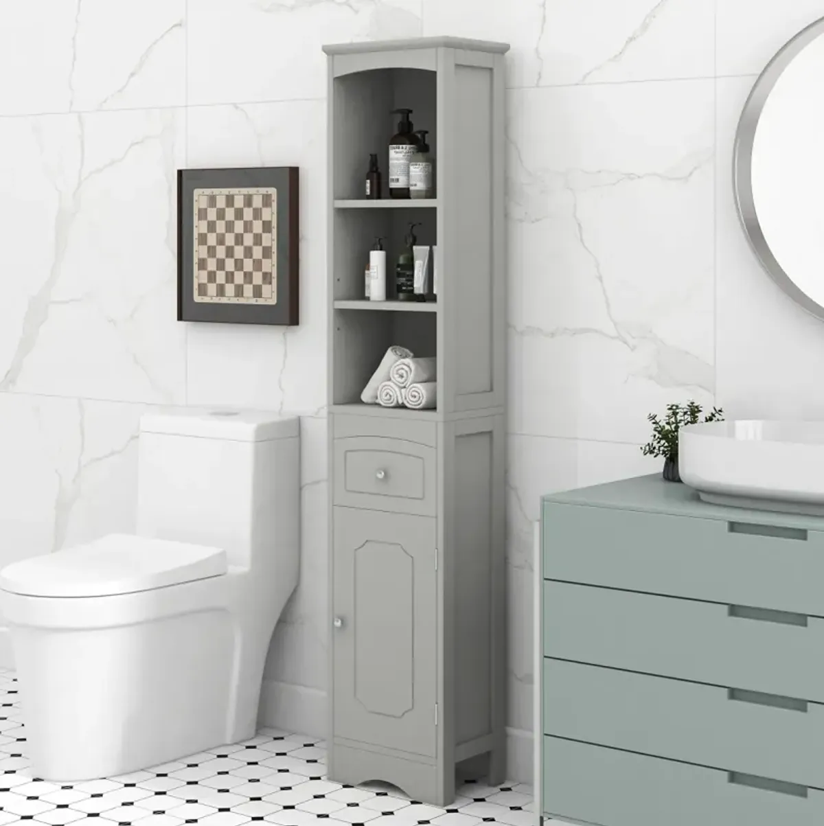 Tall Bathroom Cabinet, Freestanding Storage Cabinet With Drawer, MDF Board, Adjustable Shelf, Grey