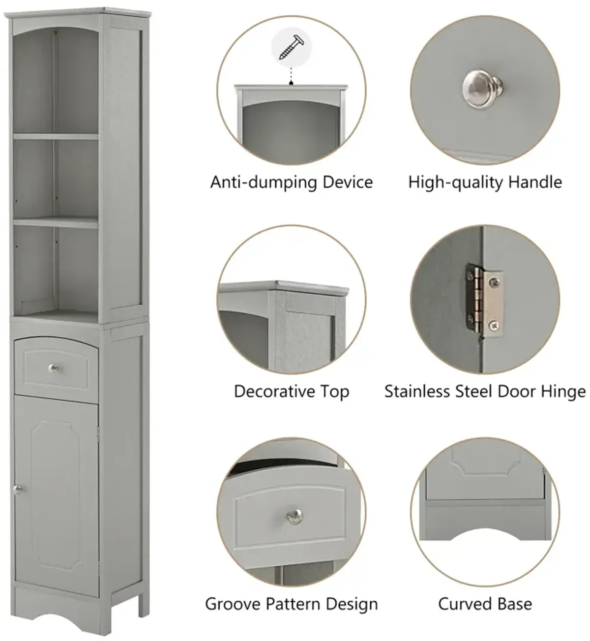 Tall Bathroom Cabinet, Freestanding Storage Cabinet With Drawer, MDF Board, Adjustable Shelf, Grey