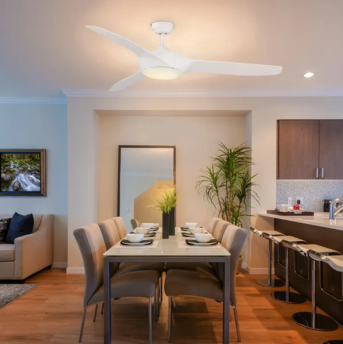 White Modern Lighting: Ceiling Fan with LED Light and Remote with Remote Controller