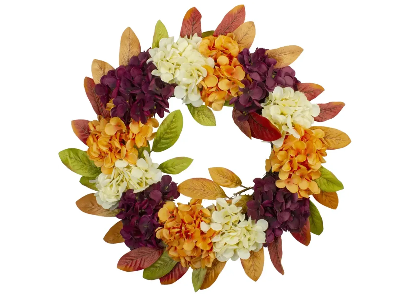 Hydrangeas and Leaves Twig Artificial Floral Wreath  Orange 20-Inch