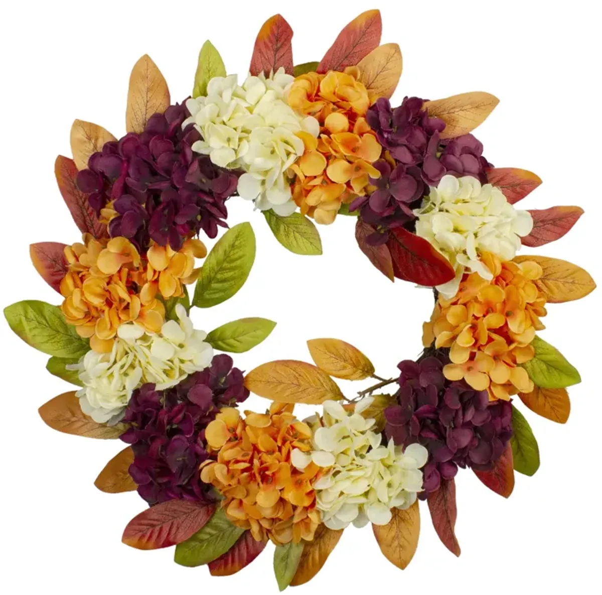 Hydrangeas and Leaves Twig Artificial Floral Wreath  Orange 20-Inch