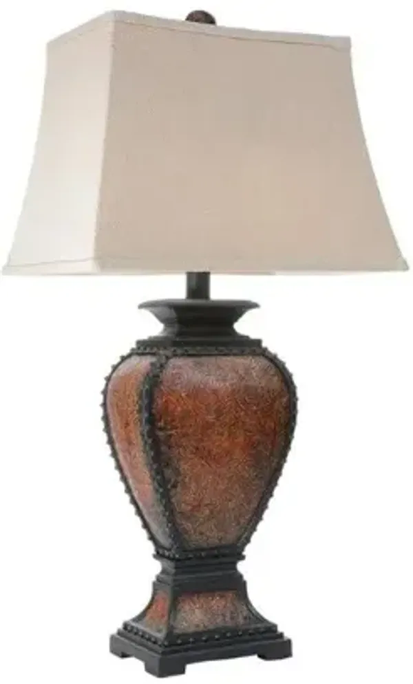 Western Tooled Leather Table Lamp – Rustic Faux Shade, Cabin Accent