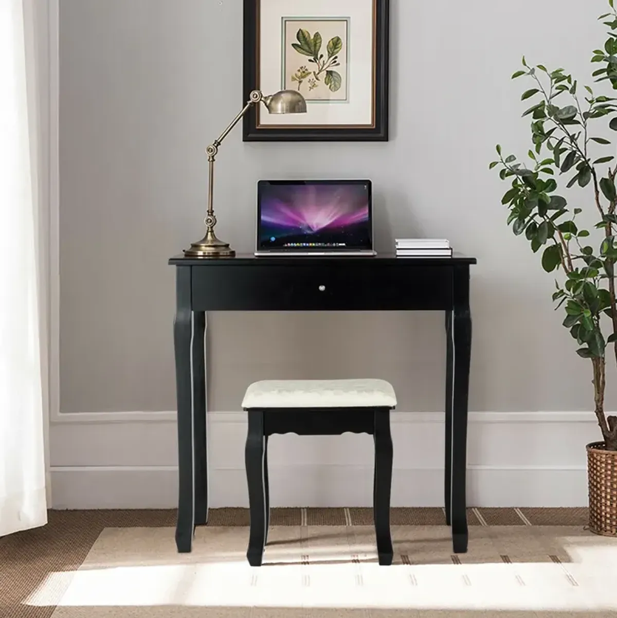 3 Drawers Lighted Mirror Vanity Dressing Table Stool Set-Black