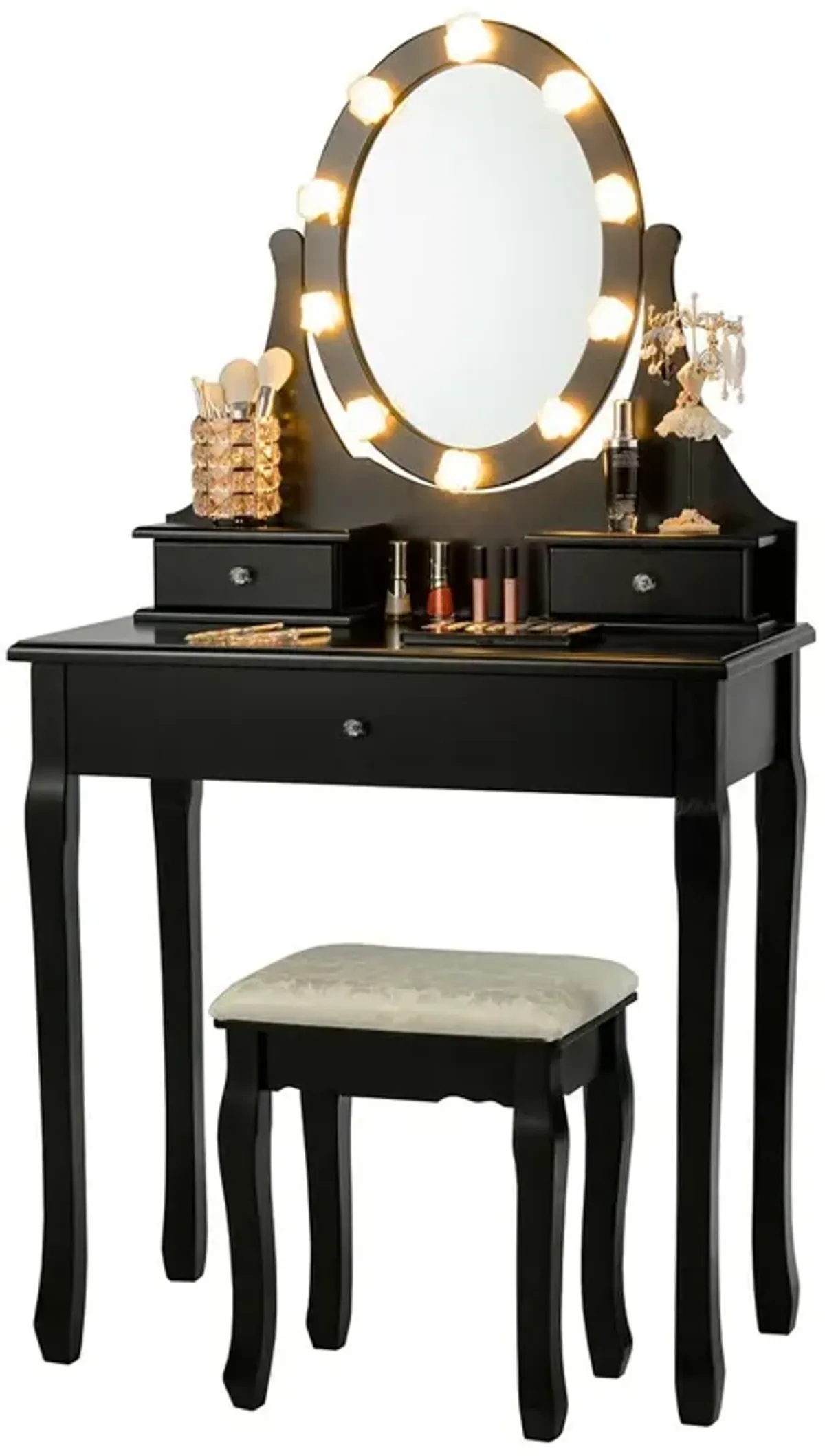 3 Drawers Lighted Mirror Vanity Dressing Table Stool Set-Black