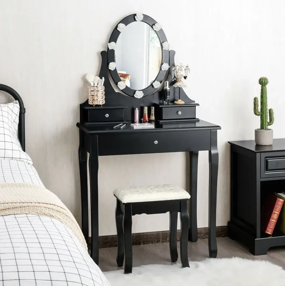 3 Drawers Lighted Mirror Vanity Dressing Table Stool Set-Black