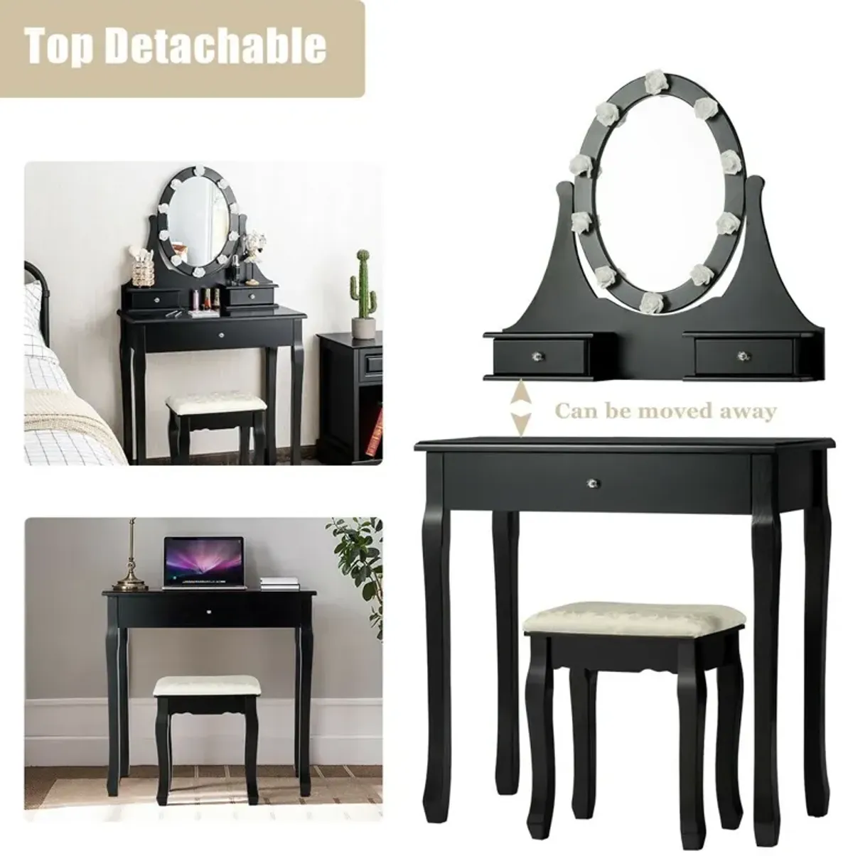 3 Drawers Lighted Mirror Vanity Dressing Table Stool Set-Black