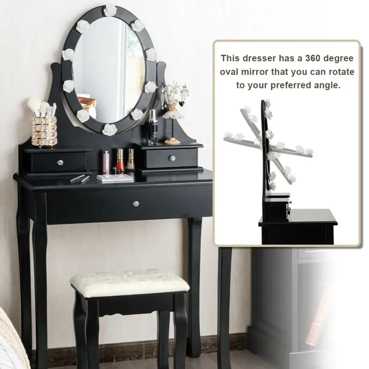 3 Drawers Lighted Mirror Vanity Dressing Table Stool Set-Black