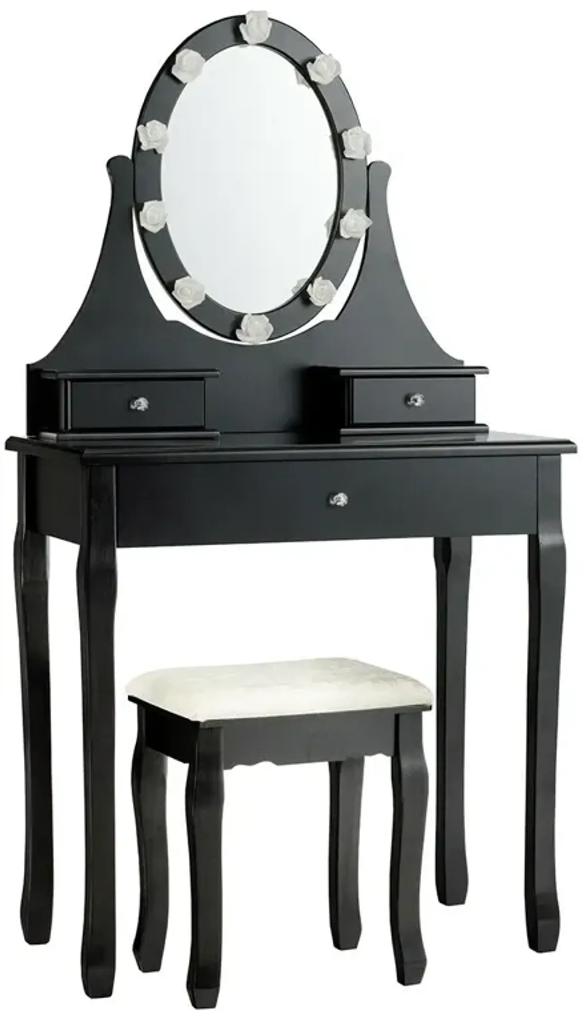 3 Drawers Lighted Mirror Vanity Dressing Table Stool Set-Black