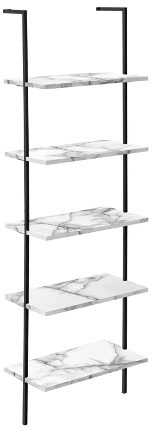 Monarch Specialties I 3685 Bookshelf, Bookcase, Etagere, Ladder, 5 Tier, 72"H, Office, Bedroom, Metal, Laminate, White Marble Look, Black, Contemporary, Modern