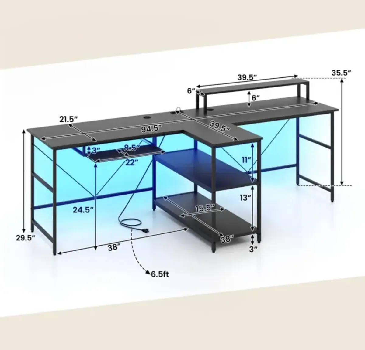 Hivvago 2-Person Reversible Computer Desk Long Office Desk with LED Lights