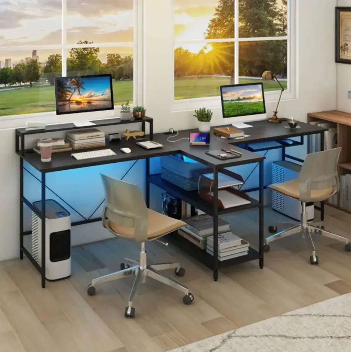 Hivvago 2-Person Reversible Computer Desk Long Office Desk with LED Lights