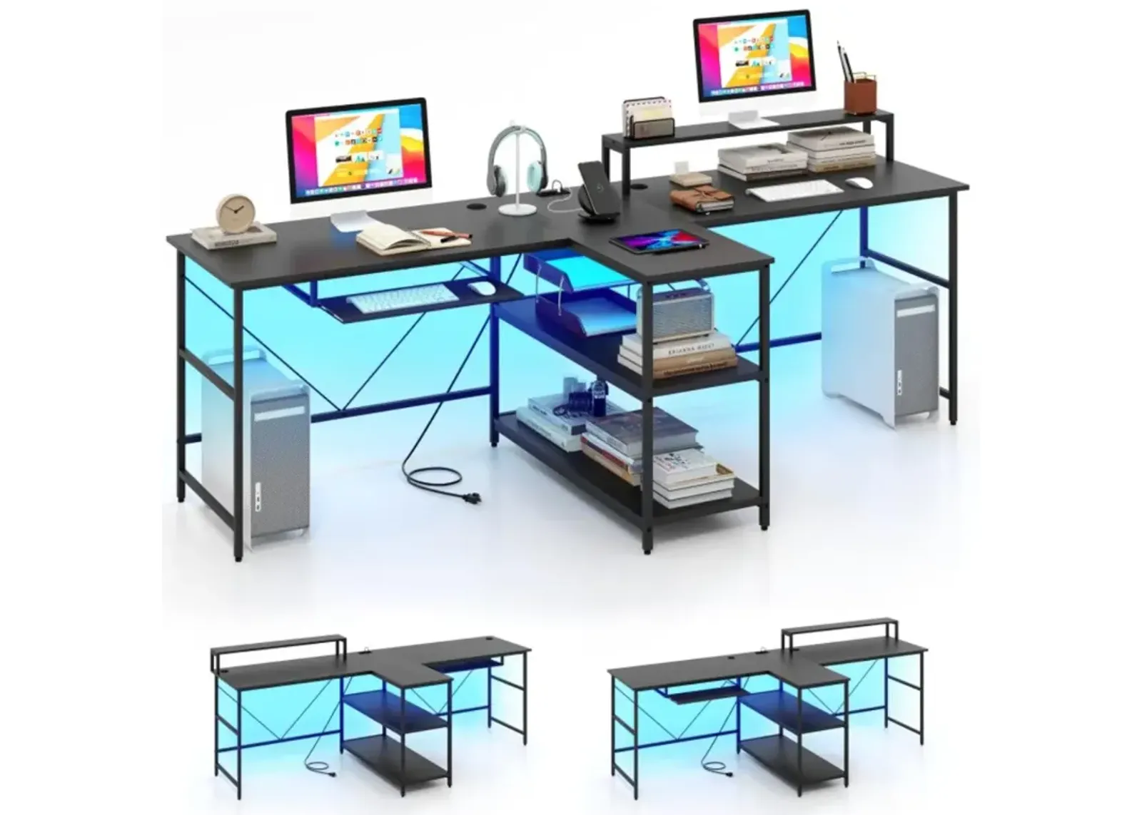 Hivvago 2-Person Reversible Computer Desk Long Office Desk with LED Lights