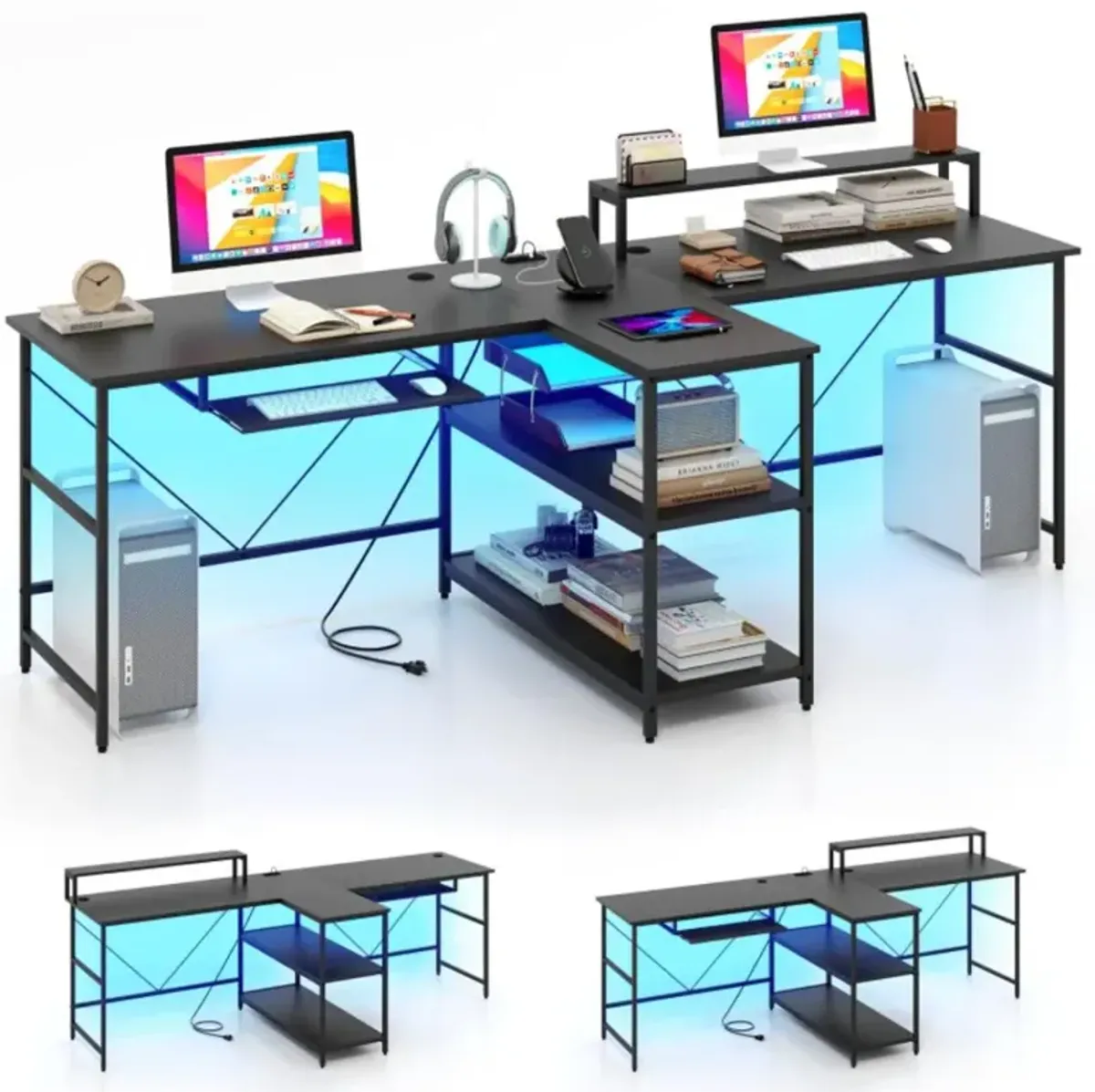 Hivvago 2-Person Reversible Computer Desk Long Office Desk with LED Lights