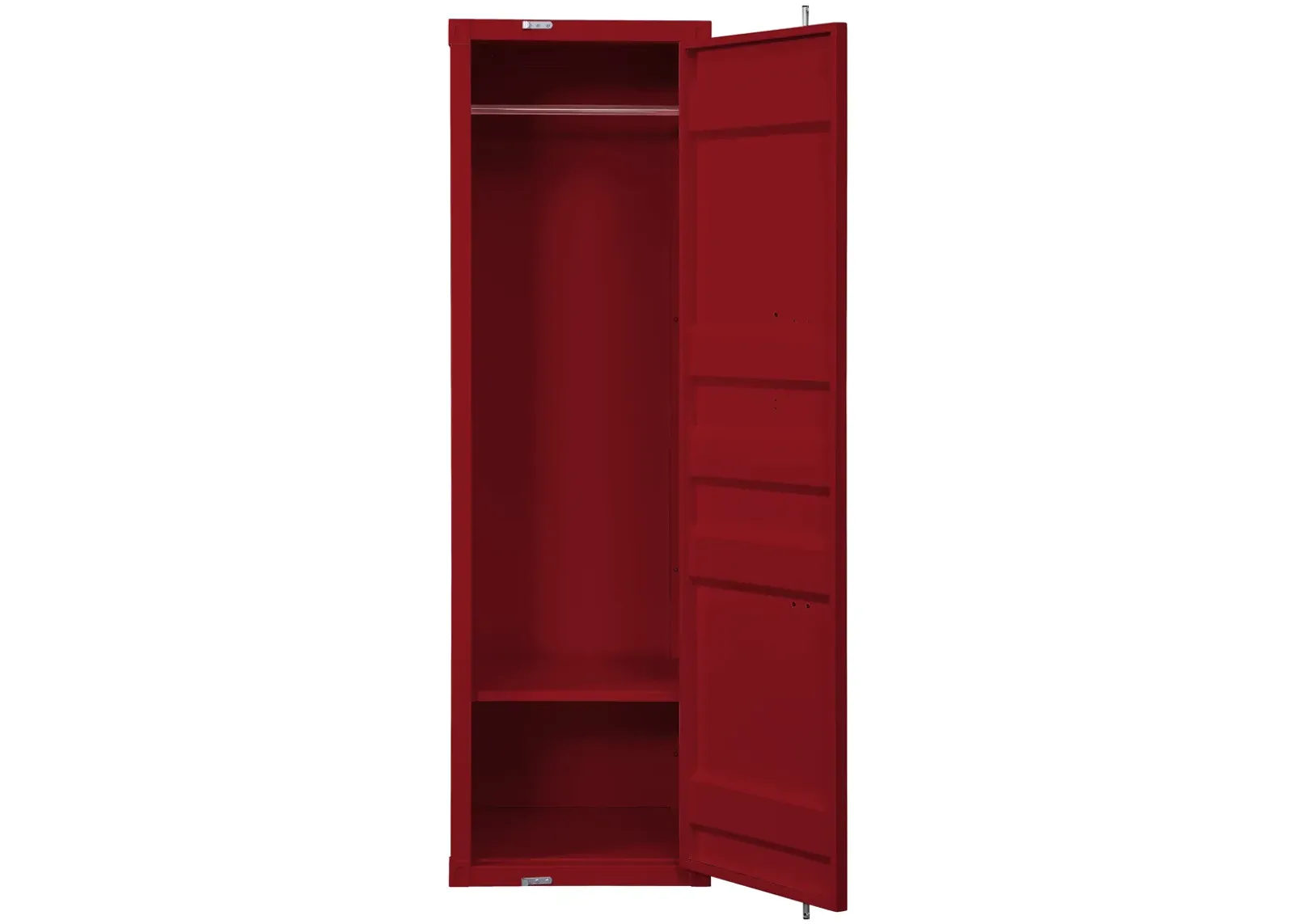 Single Door Wardrobe with Double Storage Compartment and Cremone Bolt, Red - Benzara