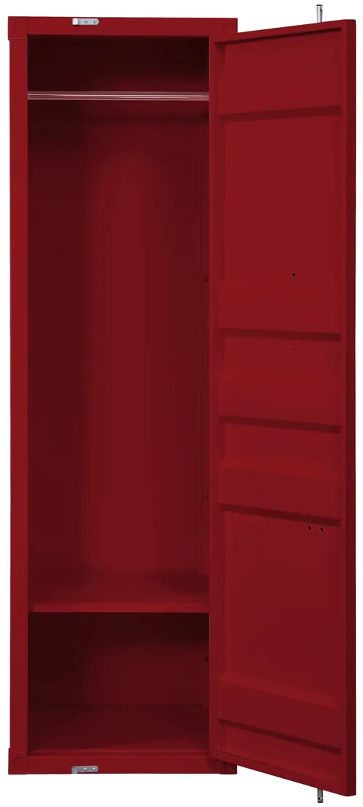 Single Door Wardrobe with Double Storage Compartment and Cremone Bolt, Red - Benzara