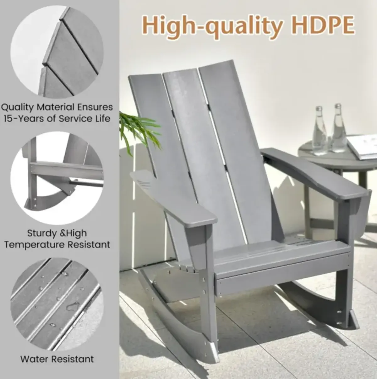 Hivvago Adirondack Rocking Chair with Curved Back for Balcony-Gray