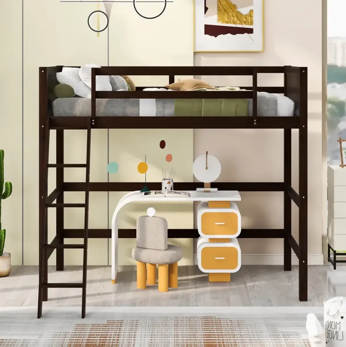 Solid Wood Twin Size Loft Bed with Ladder