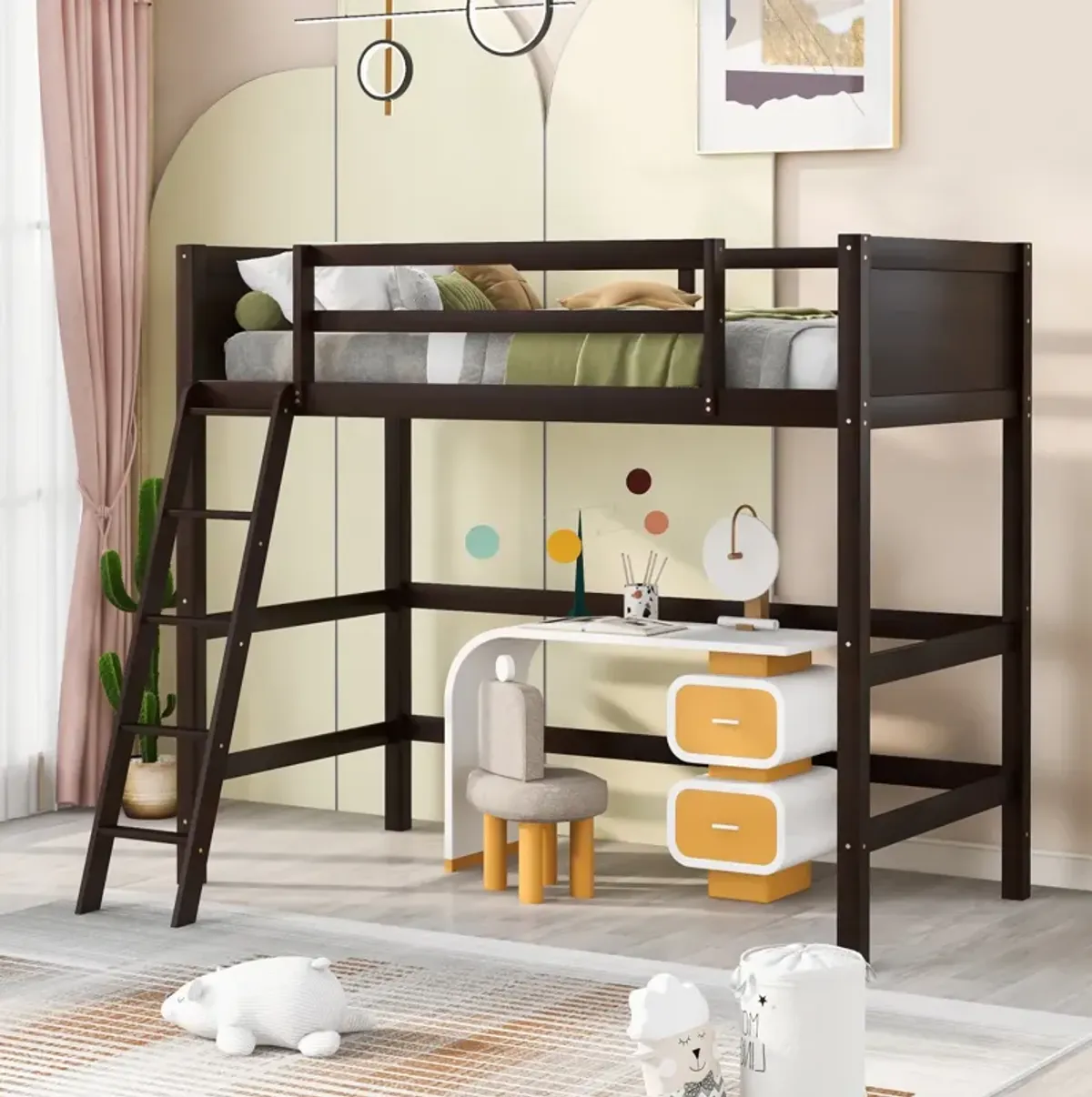 Solid Wood Twin Size Loft Bed with Ladder