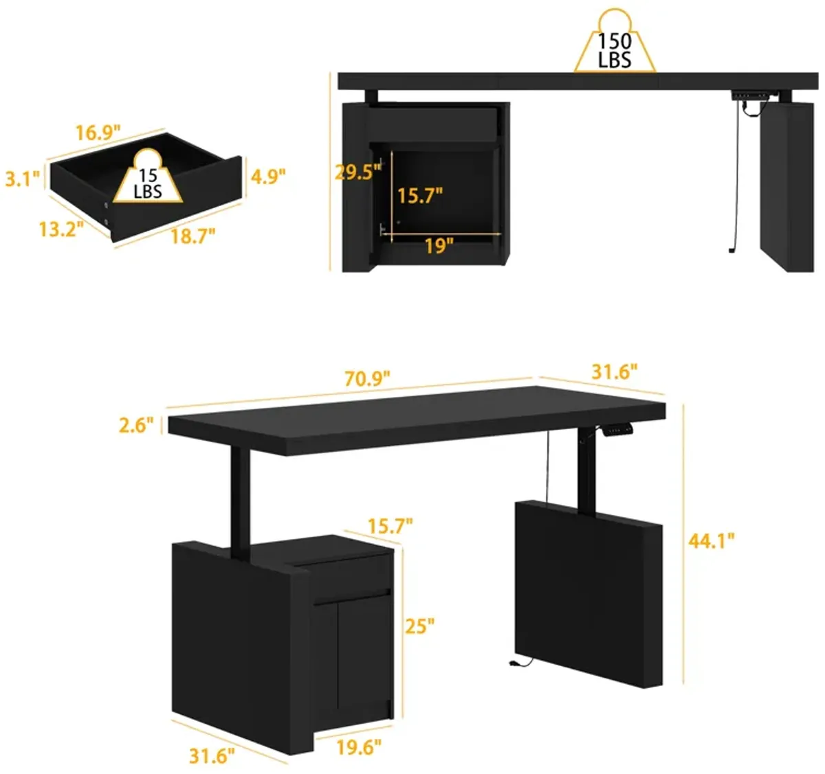 FUFU&GAGA Modern Electric Height Adjustable Desk with Storage Drawers and Cabinet, Standing Desk (70.9" W x 31.6" D x 29.1"-44.1" H), Black