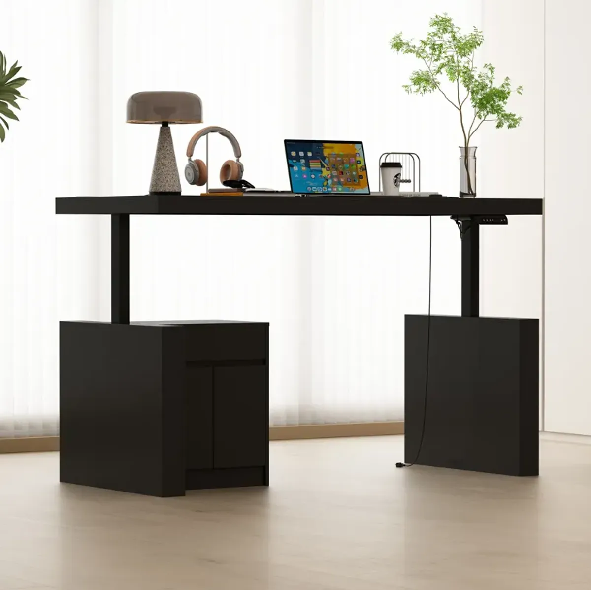 FUFU&GAGA Modern Electric Height Adjustable Desk with Storage Drawers and Cabinet, Standing Desk (70.9" W x 31.6" D x 29.1"-44.1" H), Black