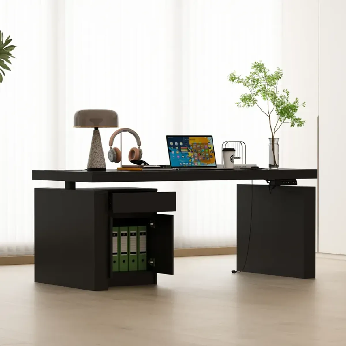 FUFU&GAGA Modern Electric Height Adjustable Desk with Storage Drawers and Cabinet, Standing Desk (70.9" W x 31.6" D x 29.1"-44.1" H), Black