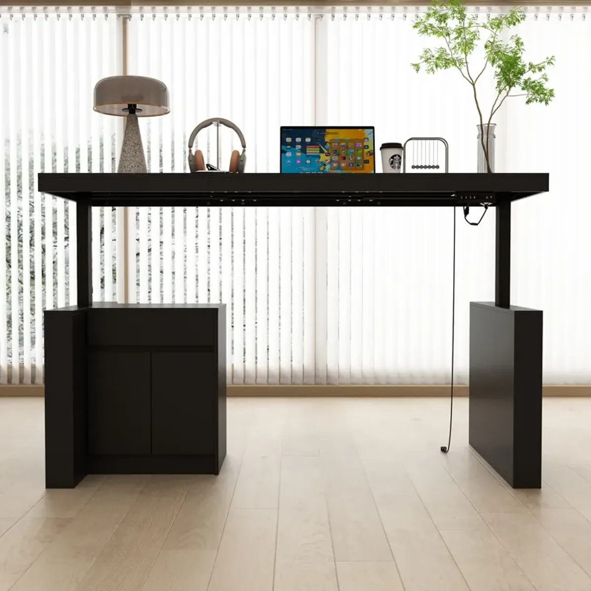 FUFU&GAGA Modern Electric Height Adjustable Desk with Storage Drawers and Cabinet, Standing Desk (70.9" W x 31.6" D x 29.1"-44.1" H), Black