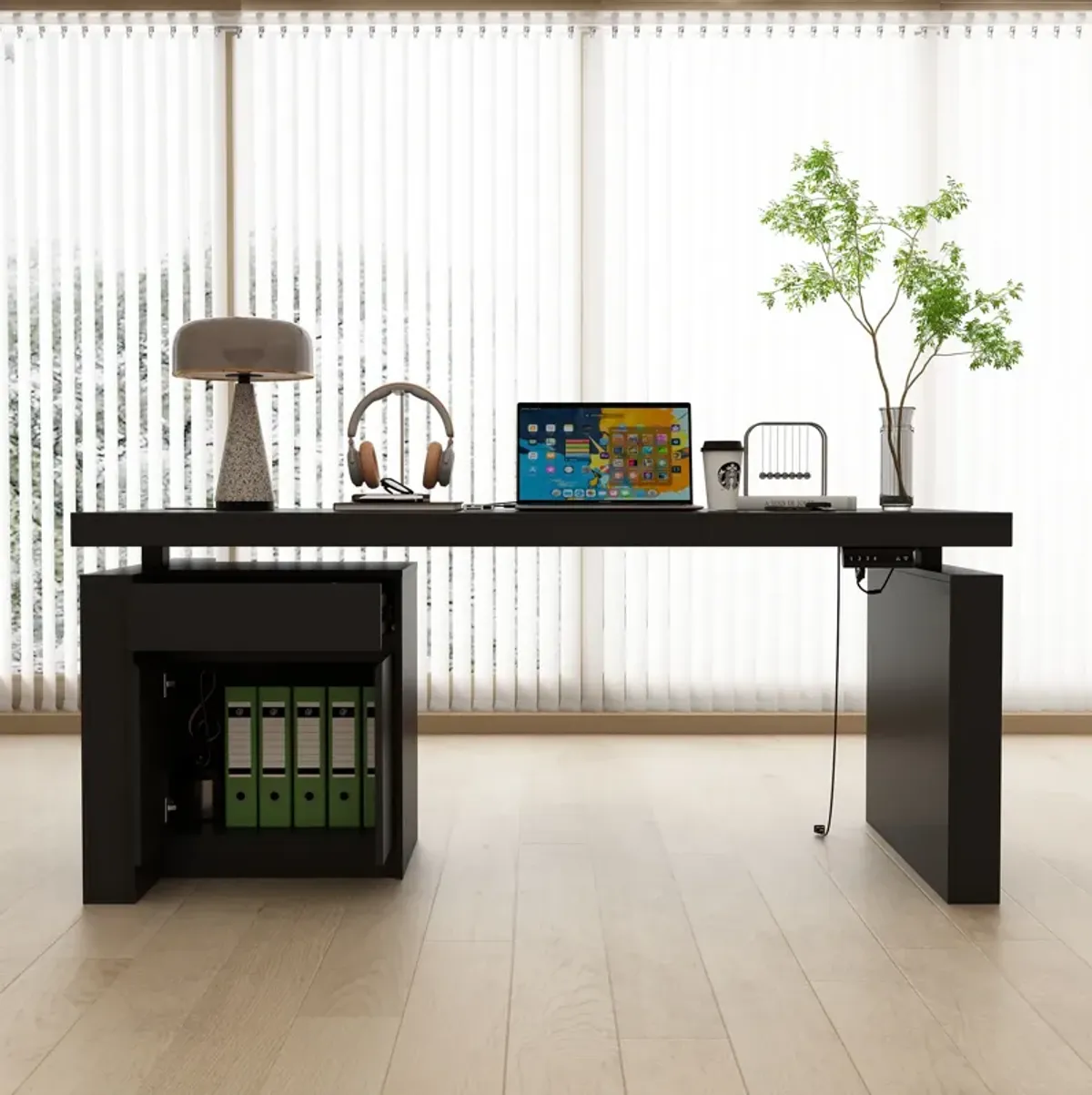 FUFU&GAGA Modern Electric Height Adjustable Desk with Storage Drawers and Cabinet, Standing Desk (70.9" W x 31.6" D x 29.1"-44.1" H), Black