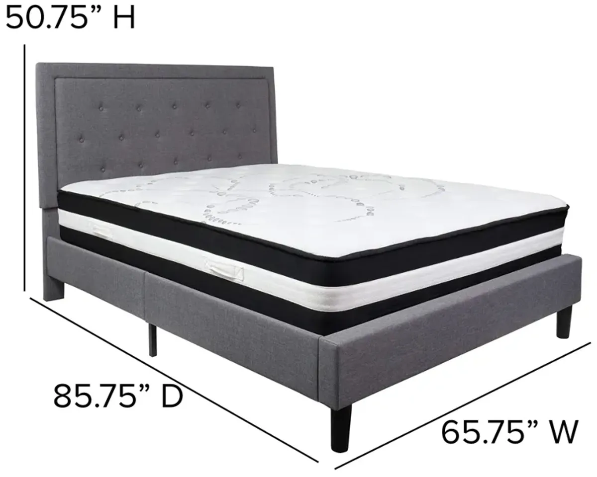 Roxbury Queen Size Tufted Upholstered Platform Bed in Light Gray Fabric with Pocket Spring Mattress