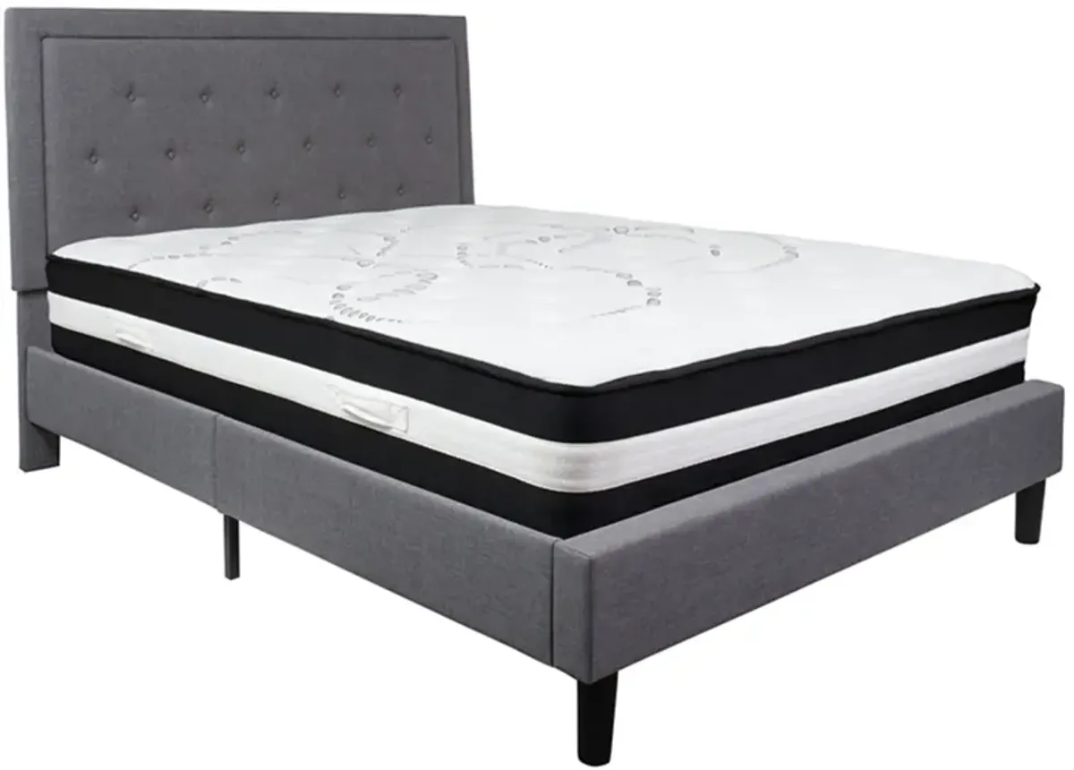 Roxbury Queen Size Tufted Upholstered Platform Bed in Light Gray Fabric with Pocket Spring Mattress