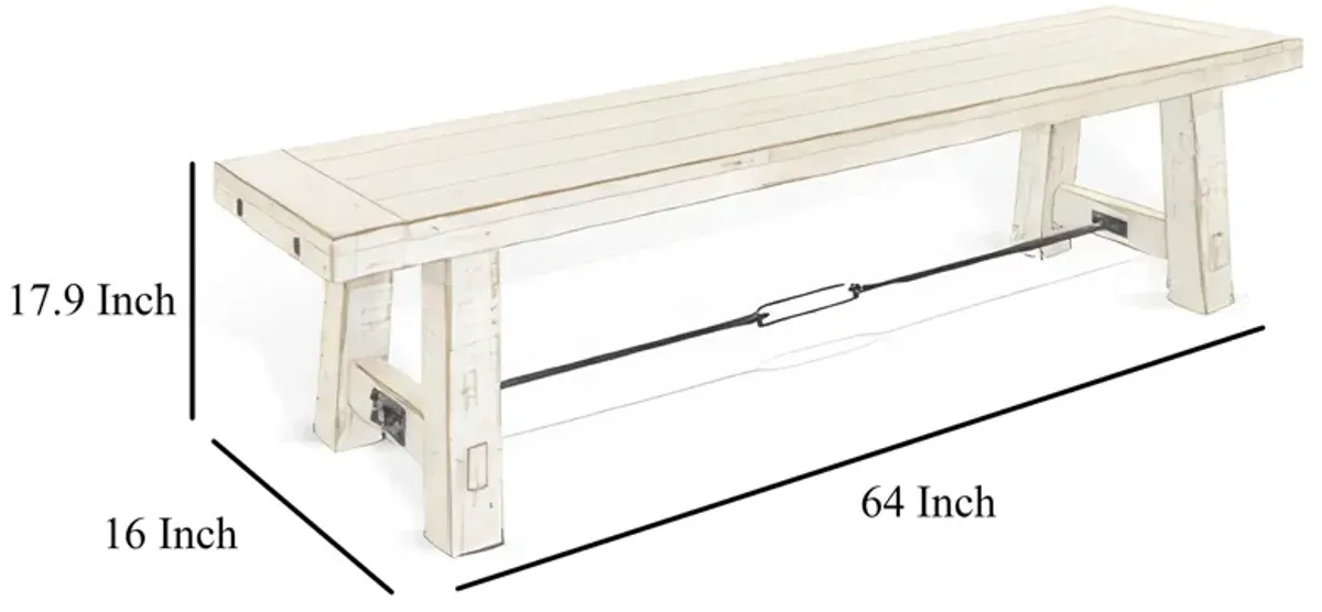 Rena Dining Bench, Turnbuckle Accent, 64 Inch White Mahogany Wood - Benzara