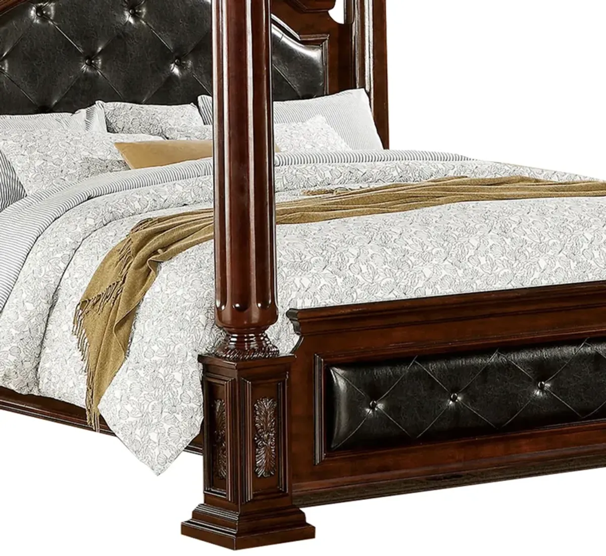 Queen Canopy Bed with Leatherette Headboard and Footboard, Black and Brown-Benzara