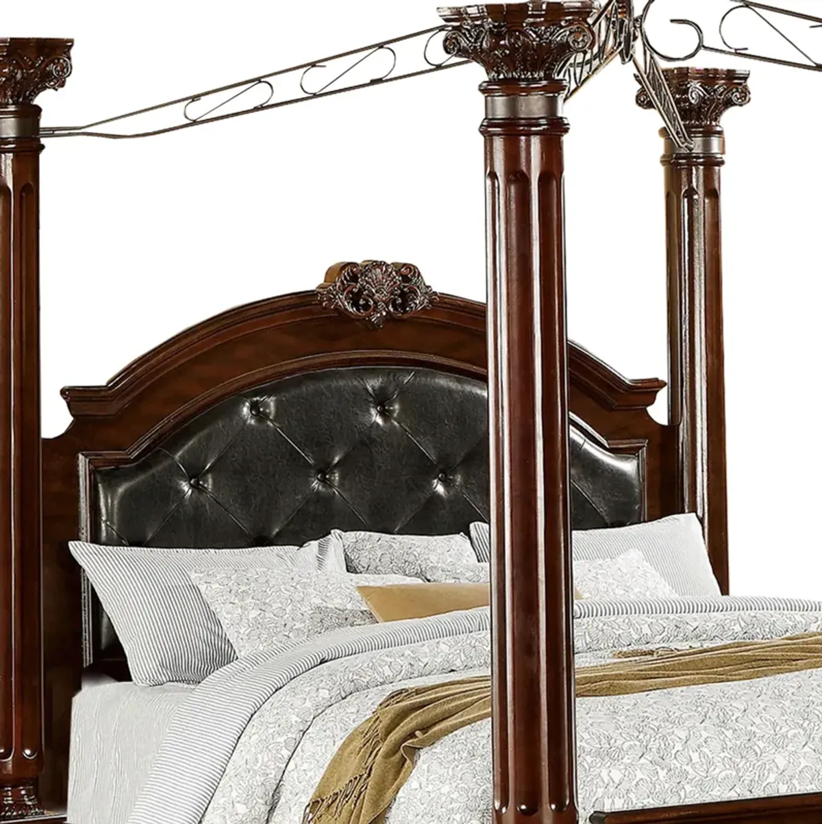 Queen Canopy Bed with Leatherette Headboard and Footboard, Black and Brown-Benzara