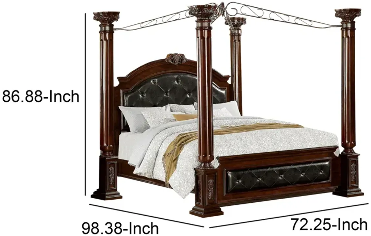 Queen Canopy Bed with Leatherette Headboard and Footboard, Black and Brown-Benzara