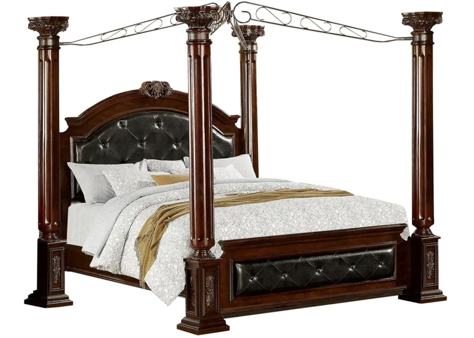 Queen Canopy Bed with Leatherette Headboard and Footboard, Black and Brown-Benzara