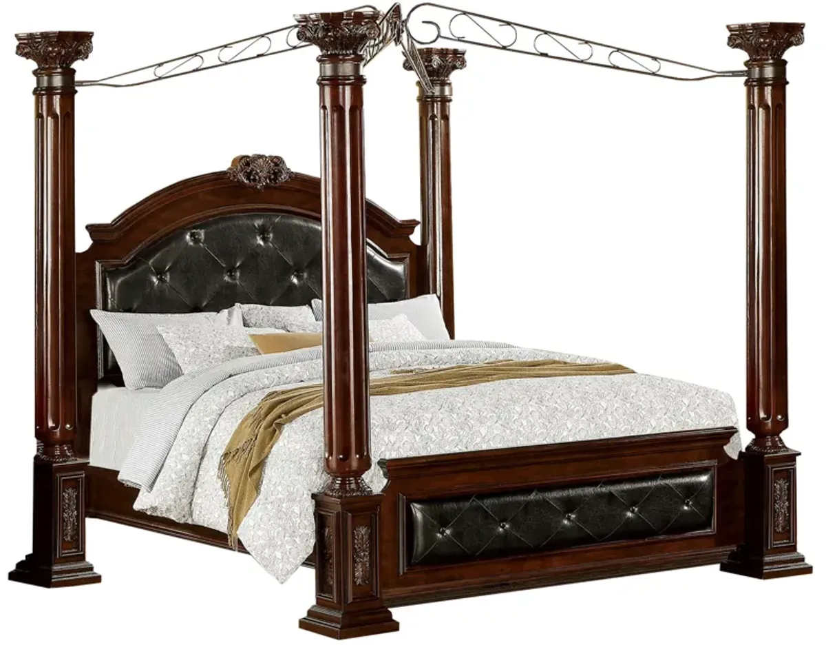 Queen Canopy Bed with Leatherette Headboard and Footboard, Black and Brown-Benzara