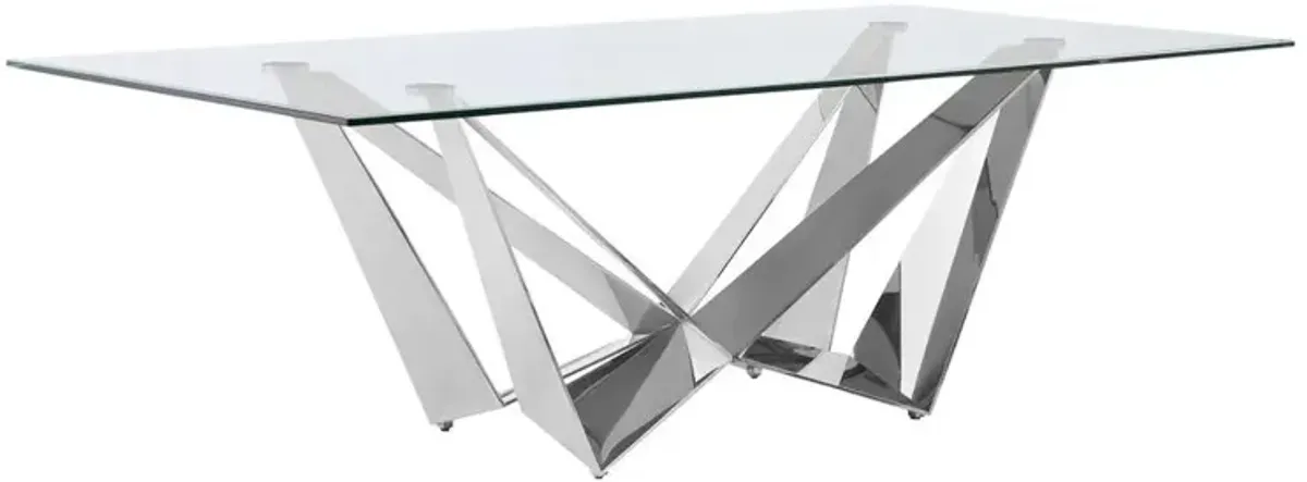 Best Quality Furniture Large 94 Rectangular glass dining table with a silver stainless steel base