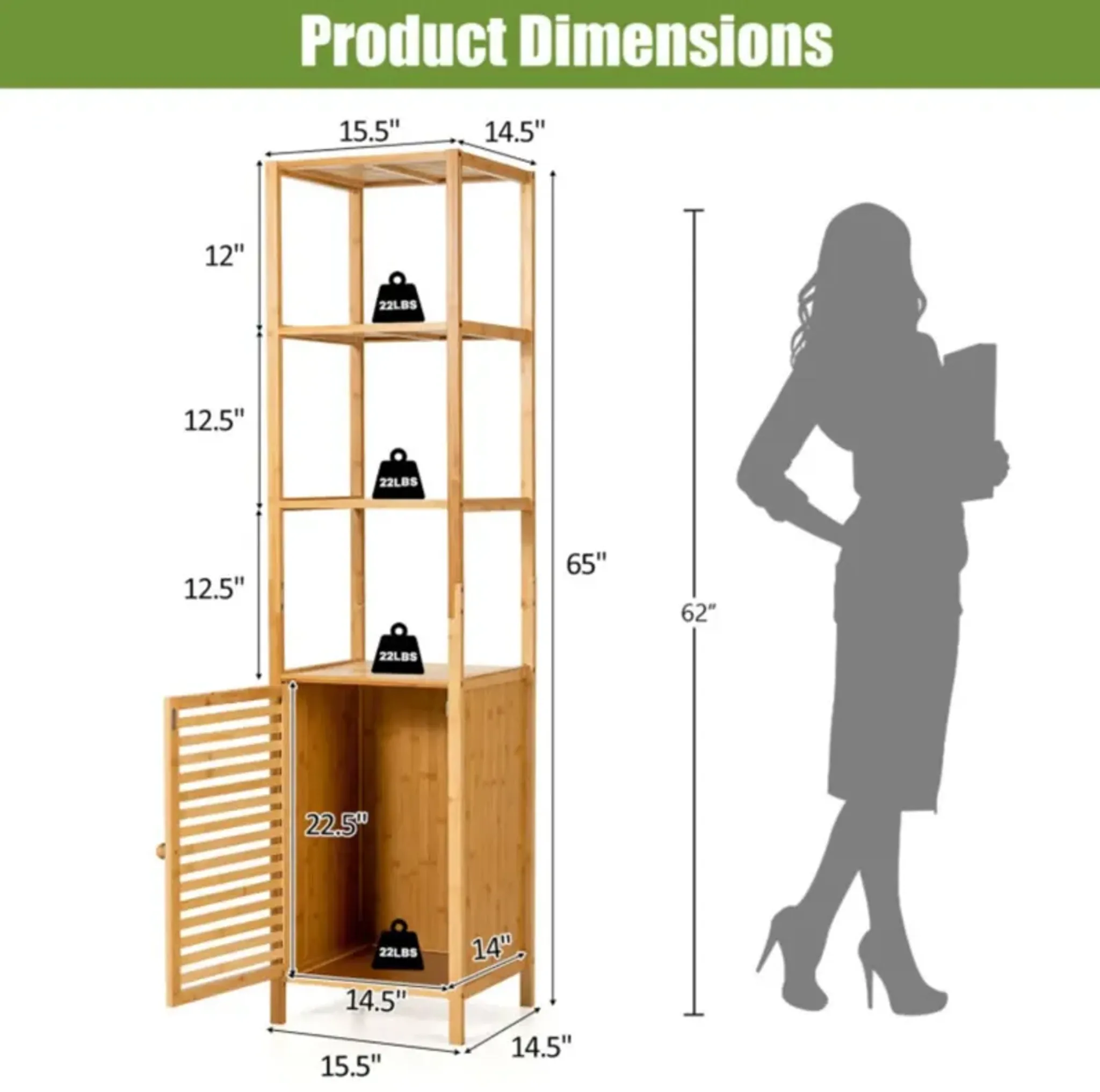 Hivvago 4 Tiers Slim Bamboo Floor Storage Cabinet With Shutter Door And ...
