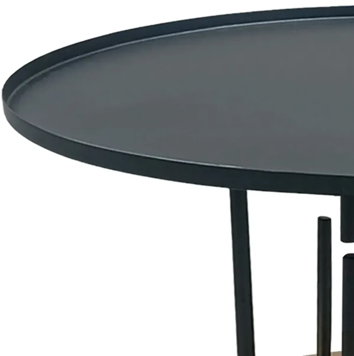 Neci 31 Inch Coffee Table, Round Matte Black Tray Top, Modern Rod Supports with Brass Base - Benzara