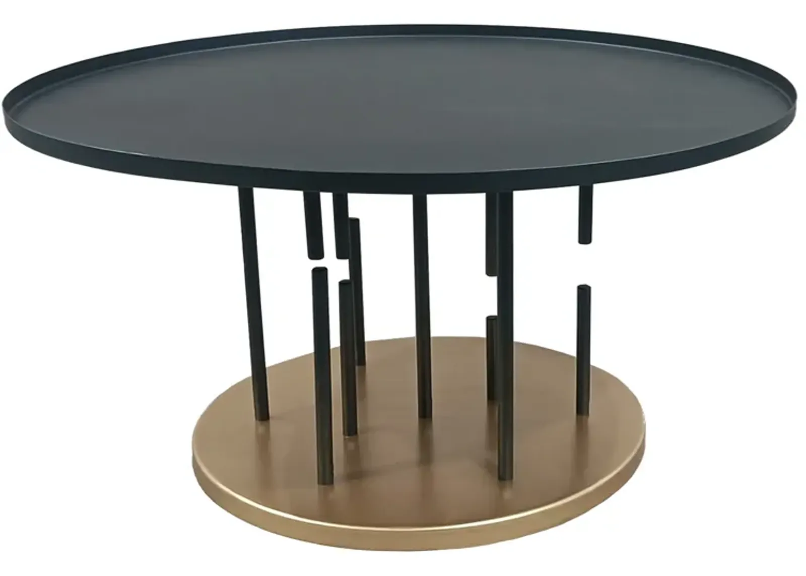 Neci 31 Inch Coffee Table, Round Matte Black Tray Top, Modern Rod Supports with Brass Base - Benzara