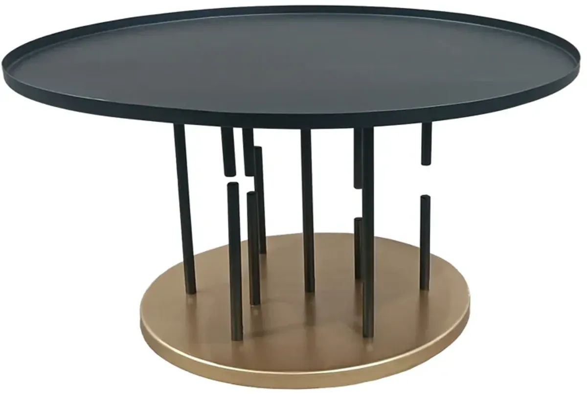 Neci 31 Inch Coffee Table, Round Matte Black Tray Top, Modern Rod Supports with Brass Base - Benzara