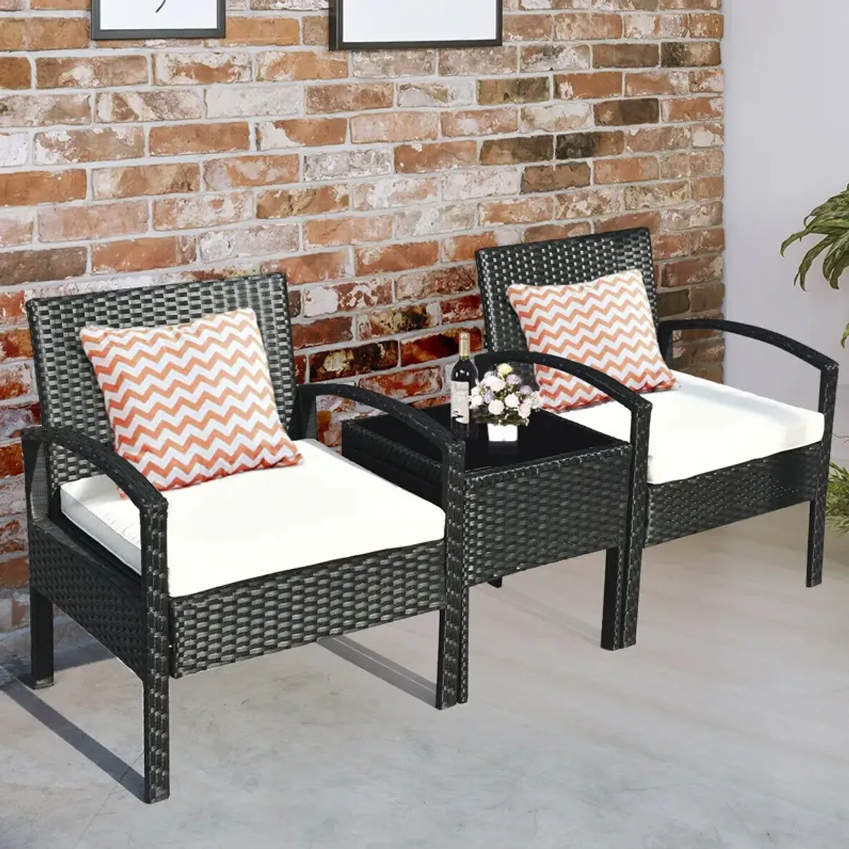 3 Pieces Outdoor Rattan Patio Conversation Set with Seat Cushions