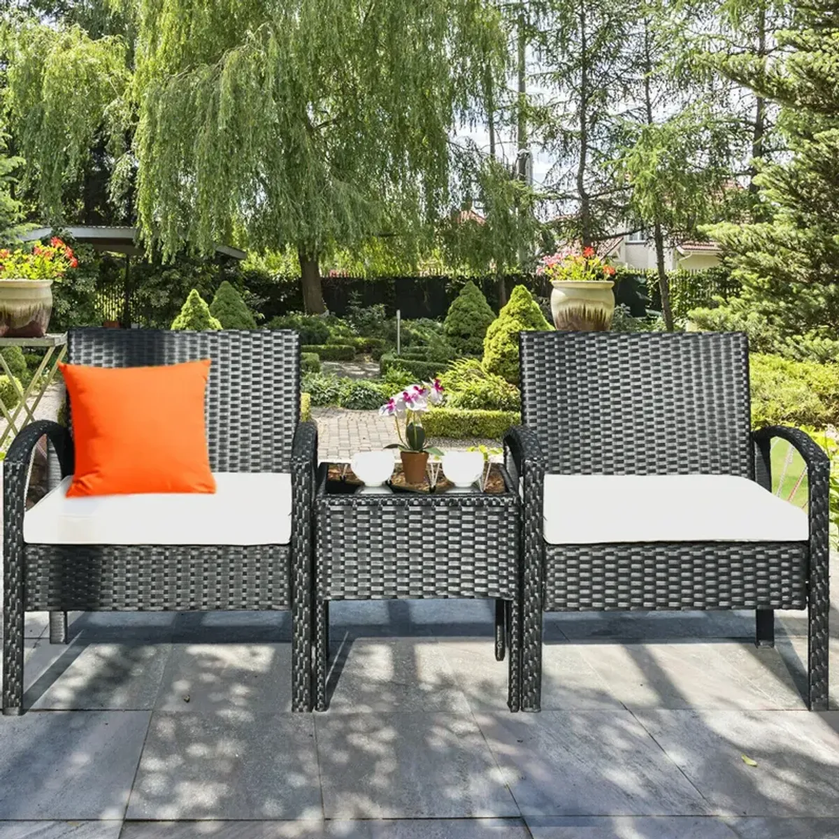 3 Pieces Outdoor Rattan Patio Conversation Set with Seat Cushions