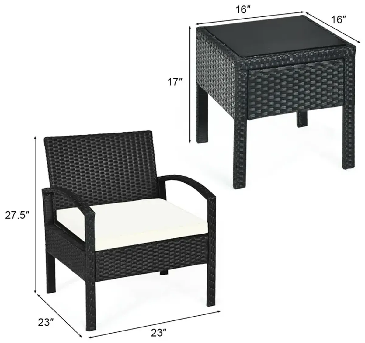 3 Pieces Outdoor Rattan Patio Conversation Set with Seat Cushions