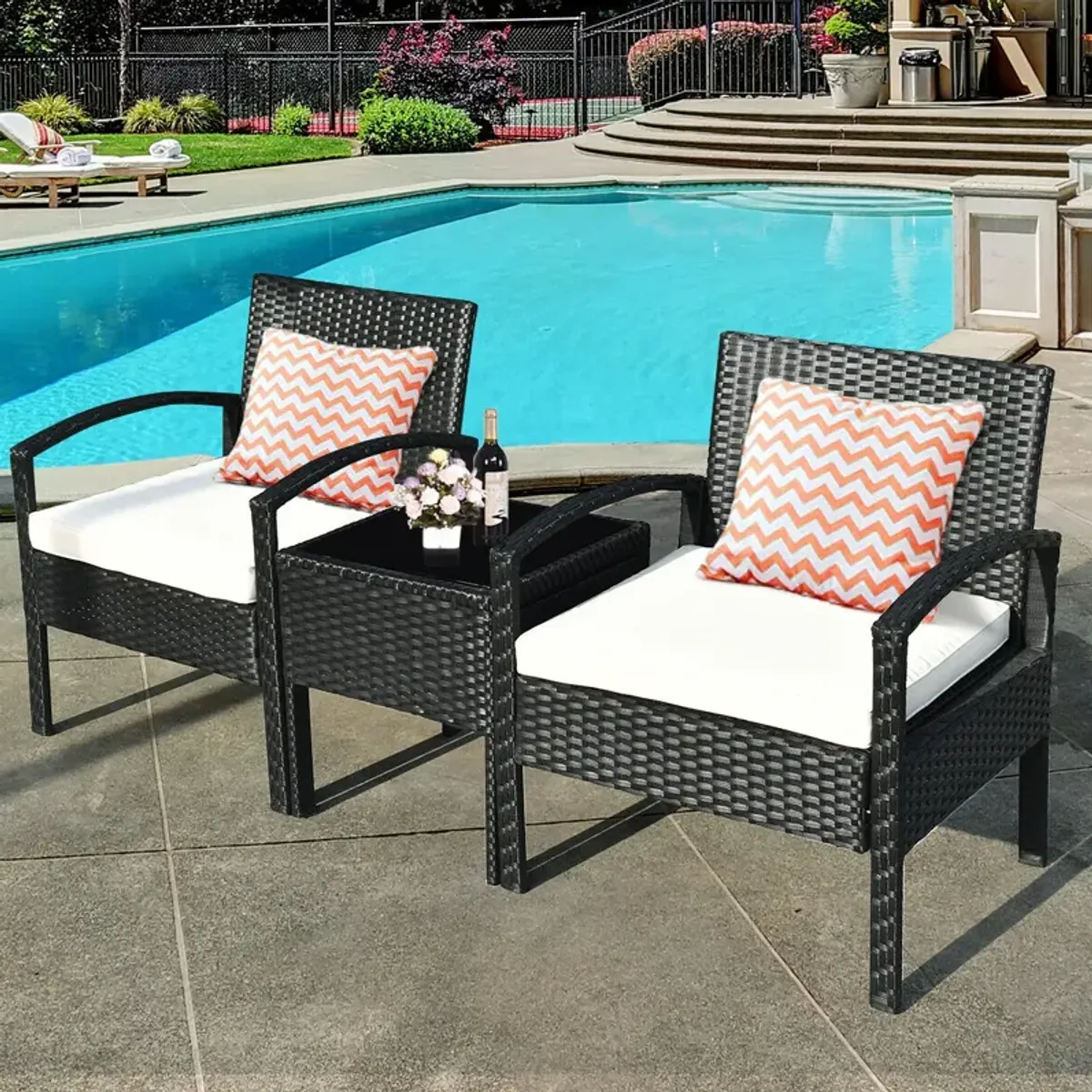 3 Pieces Outdoor Rattan Patio Conversation Set with Seat Cushions