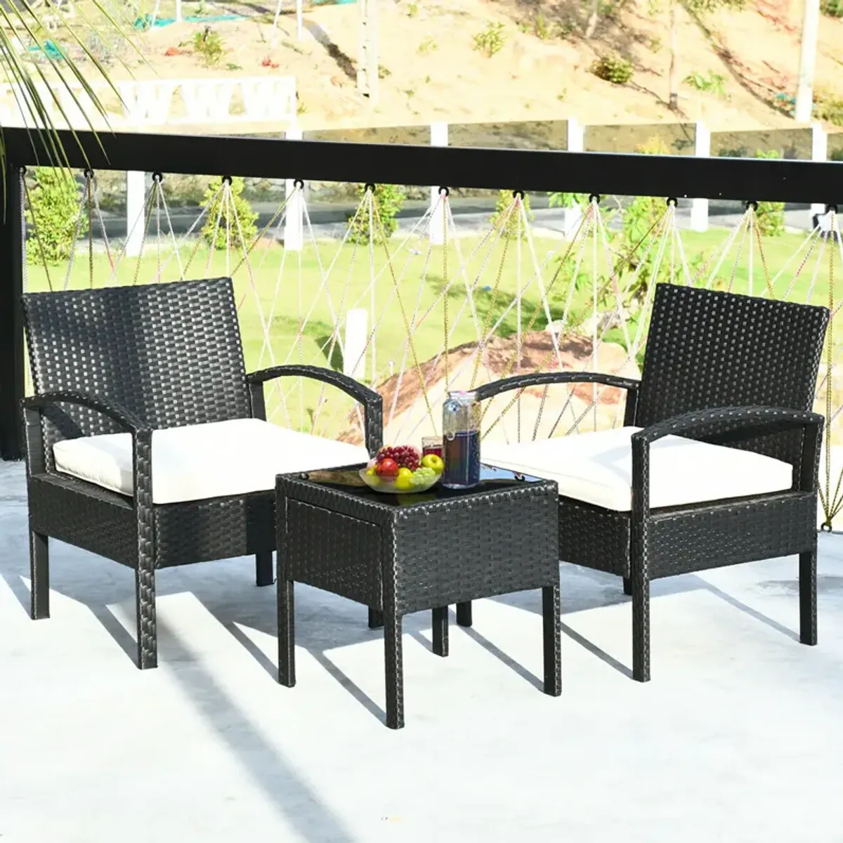 3 Pieces Outdoor Rattan Patio Conversation Set with Seat Cushions