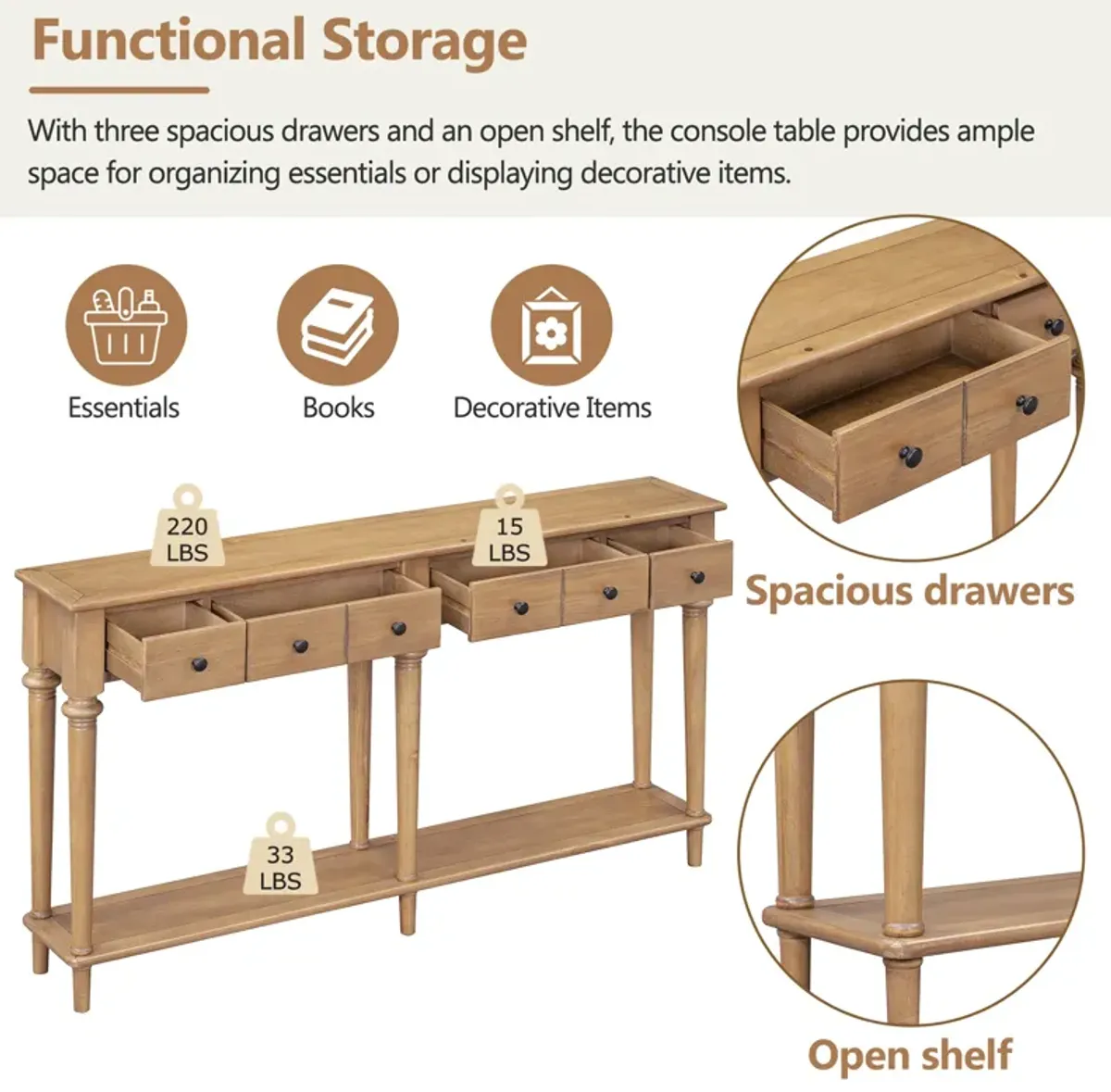 Merax Retro Console Table with 3 Drawers and Open Shelf