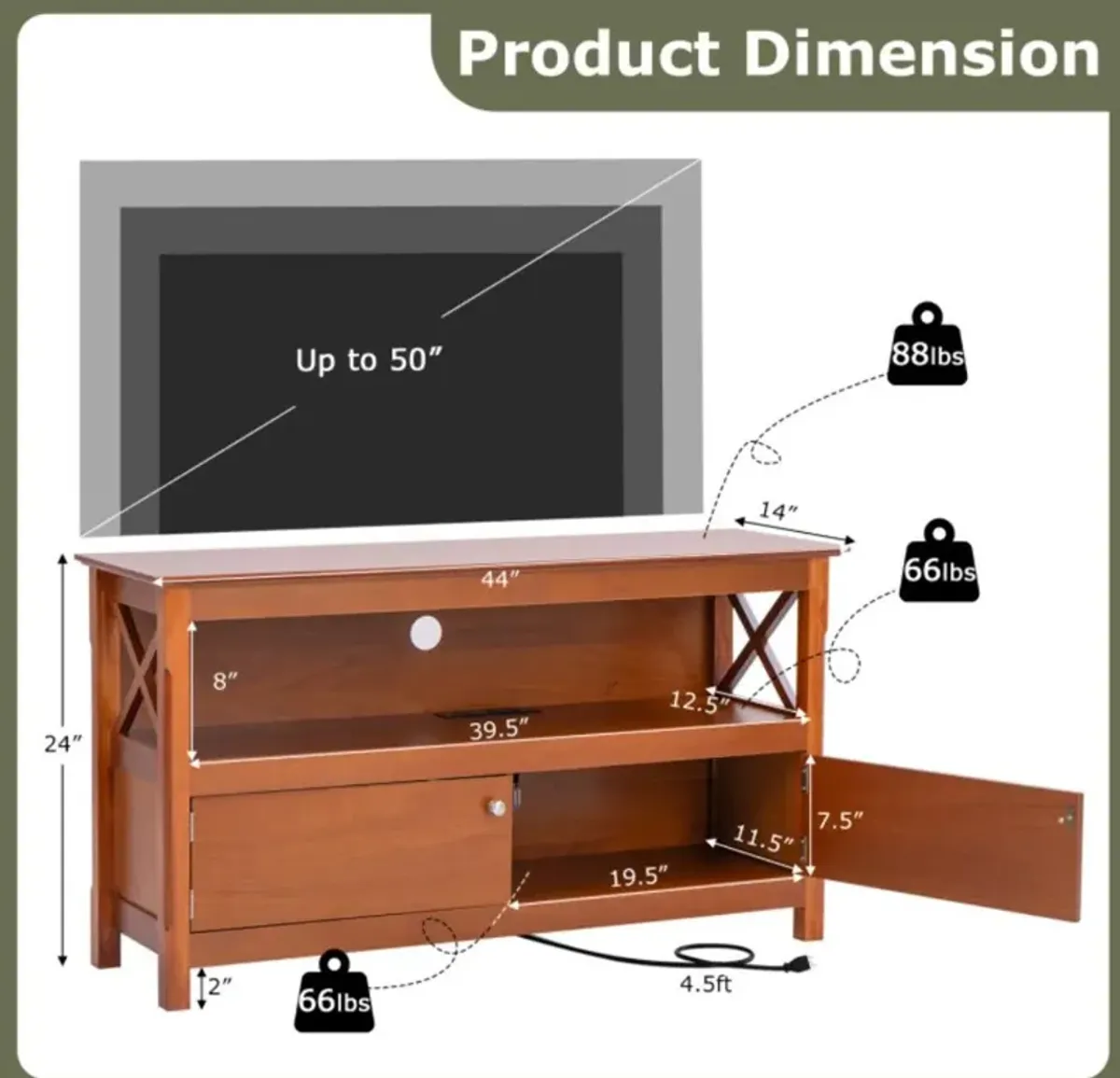 Hivvago 44 Inch Wooden Storage Cabinet TV Stand