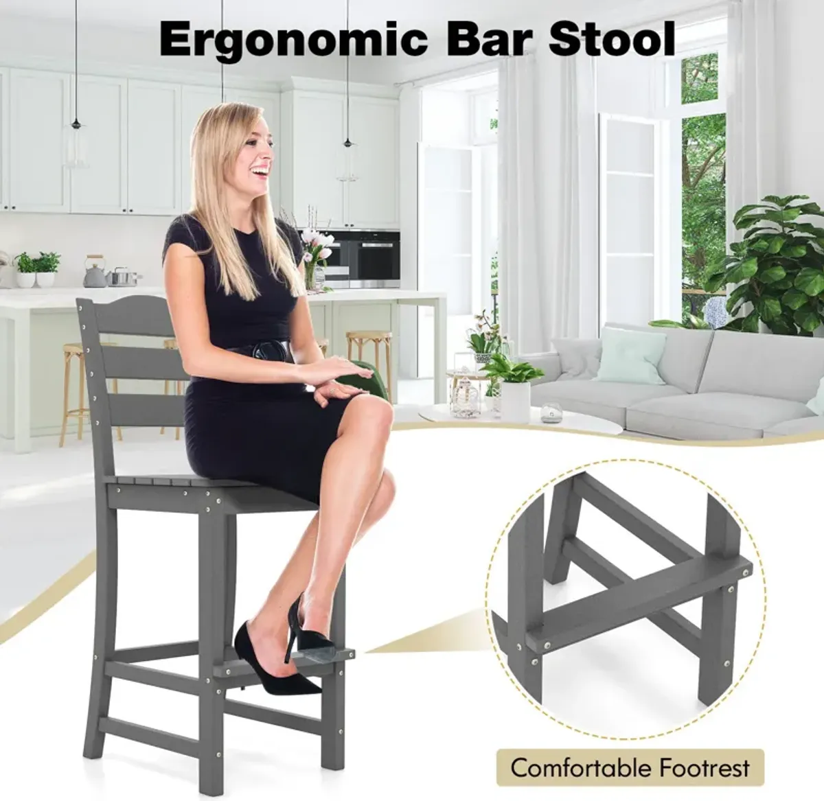 30 Inches Counter Height HDPE Bar Stool with Backrest and Footrest-Gray